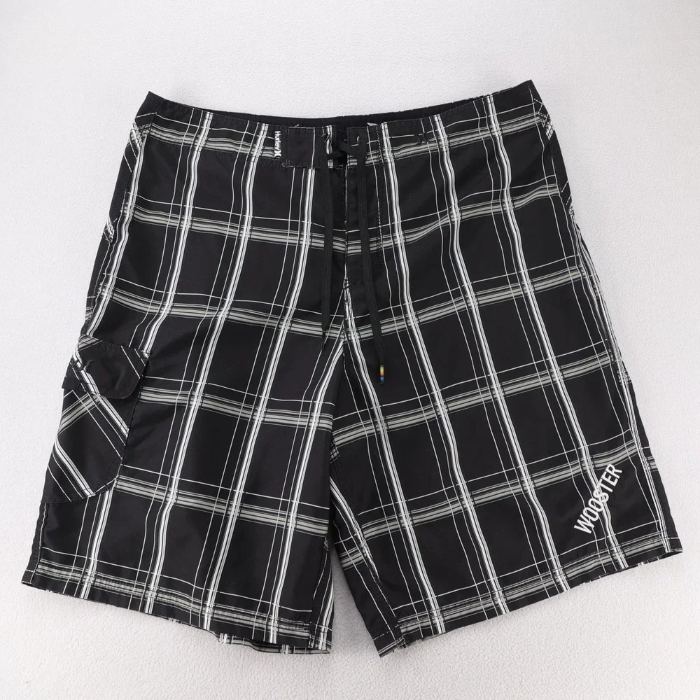 Hurley Mens Black White Plaid Board Shorts Swim Trunks Size 36‎ Wooster